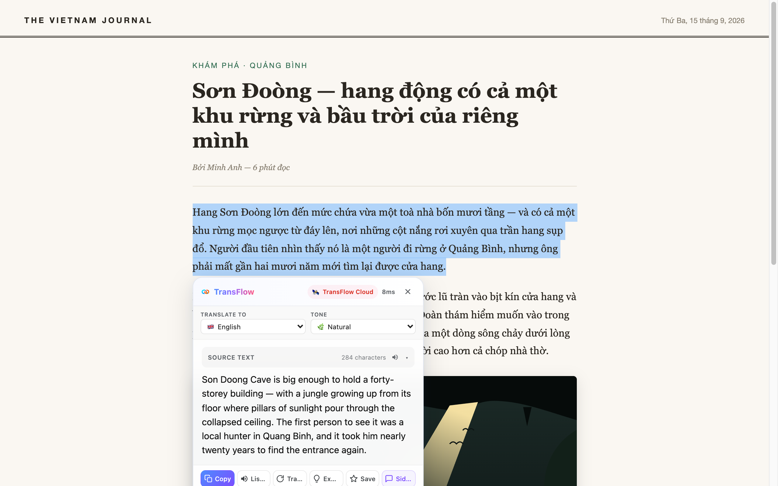 Select any text and a floating card translates it in place — the page never reloads.