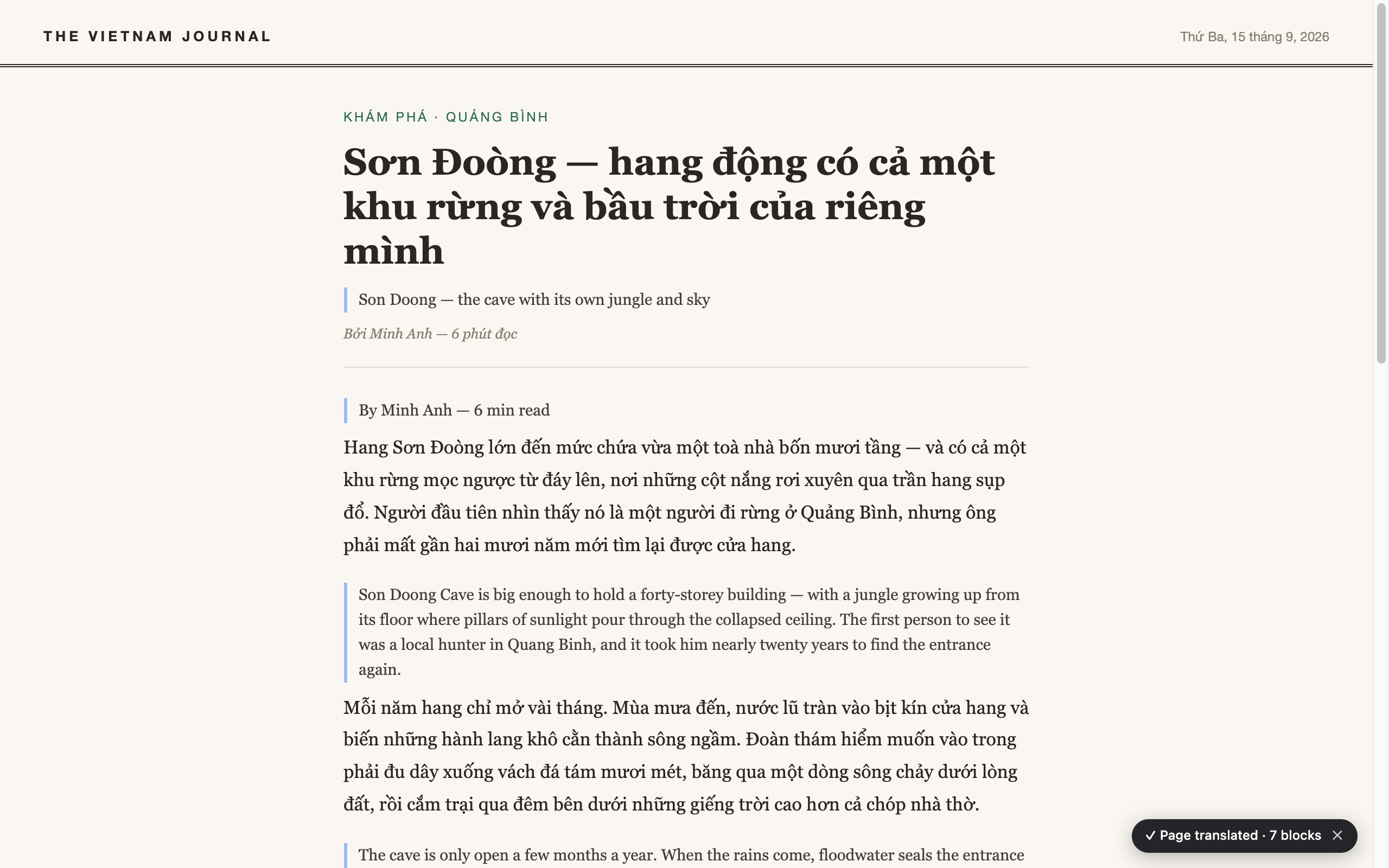 Bilingual page translation keeps the original visible above every translated paragraph.